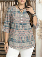 Fashion Women's Wear Vintage Ethnic Style Geometric Diamond Print Three-Quarter Sleeve Top for Women, Small V-Neck Half-Button Casual Shirt for Spring/Summer, Artistic and Elegant Mom Blouse, a Perfect Gift for Women [Printed Design – Not Textured] - Mixed colors
