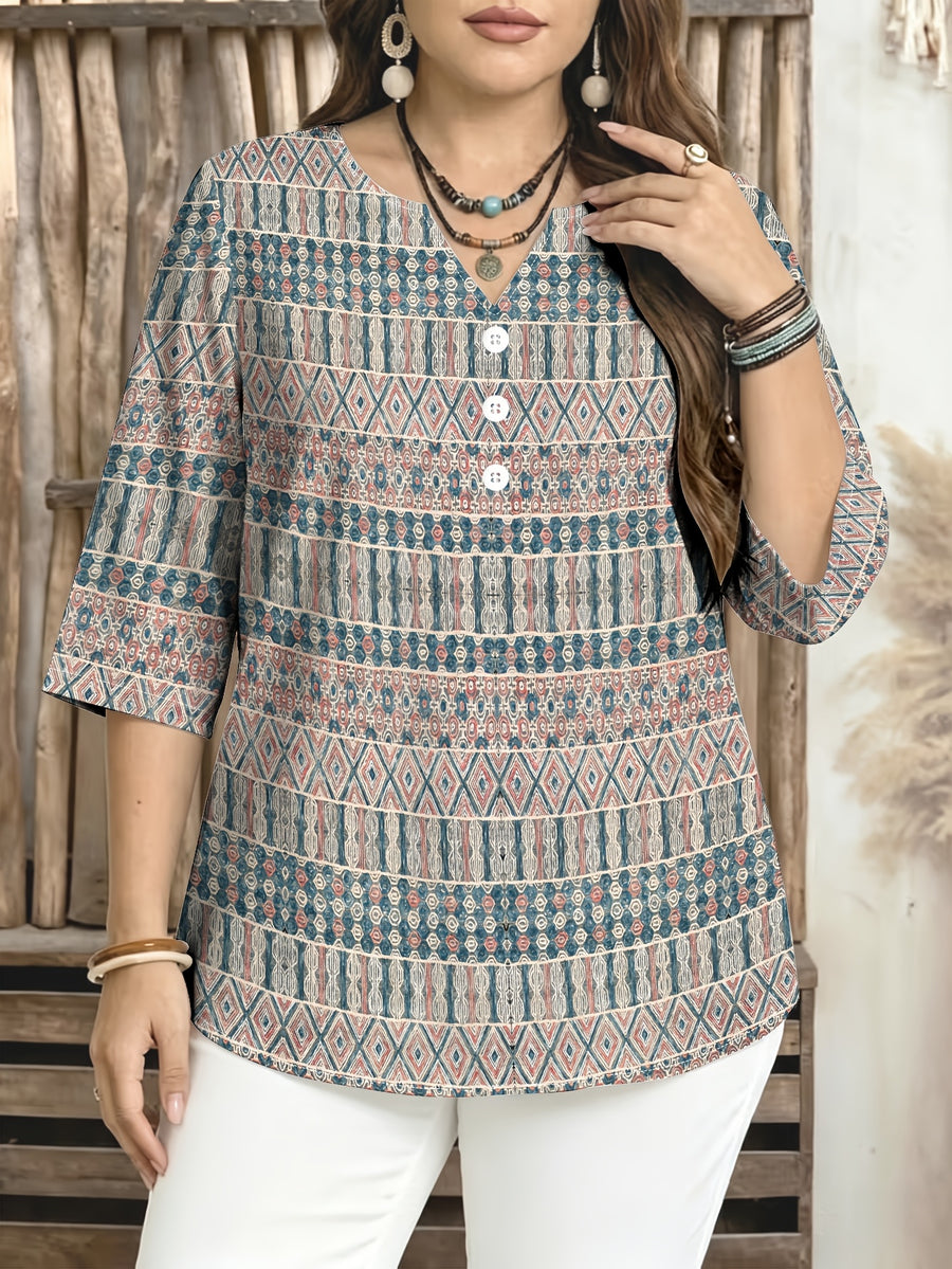 Fashion Women's Wear Vintage Ethnic Style Geometric Diamond Print Three-Quarter Sleeve Top for Women, Small V-Neck Half-Button Casual Shirt for Spring/Summer, Artistic and Elegant Mom Blouse, a Perfect Gift for Women [Printed Design – Not Textured] - Mixed colors