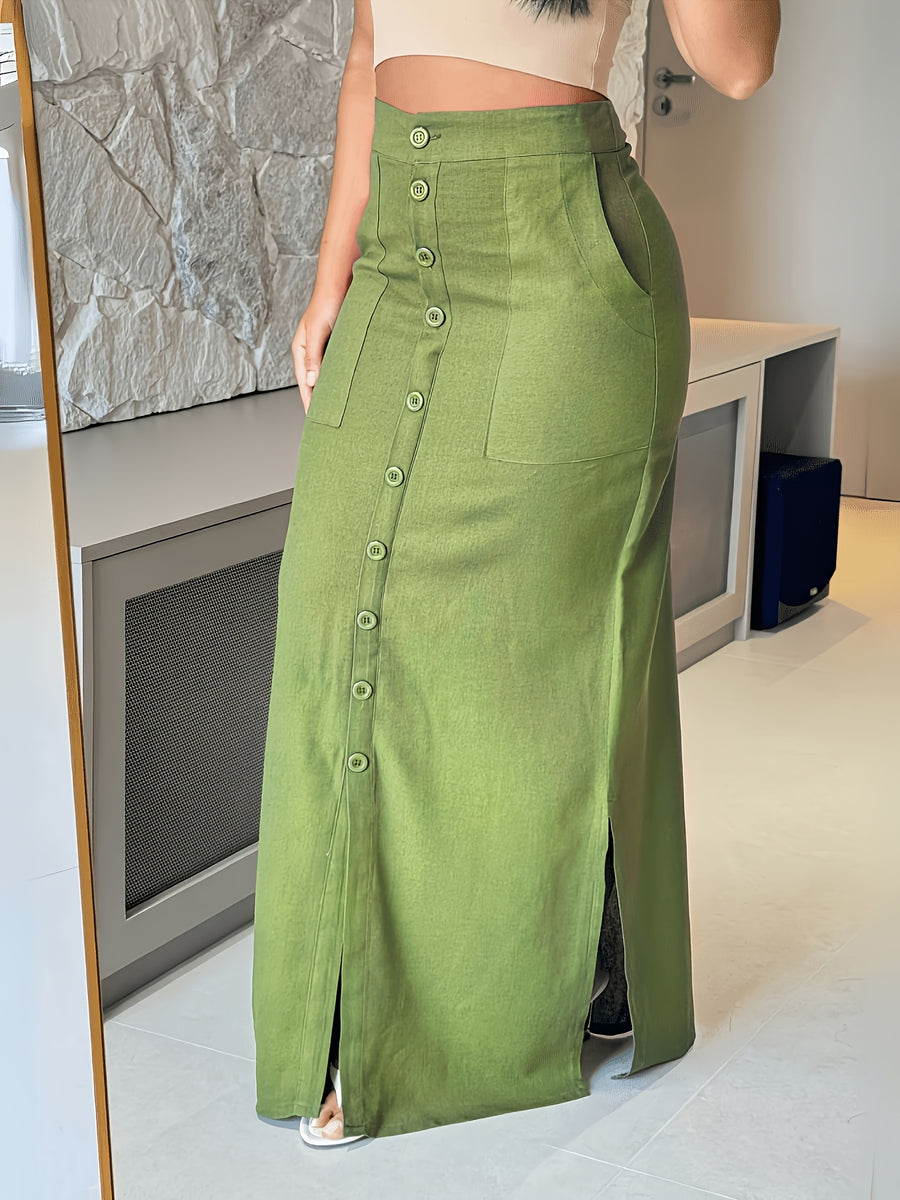 Spring/Autumn Women'S Skirt High-Waist Single-Button Slit Skirt Versatile Straight Long Dress - Military Green