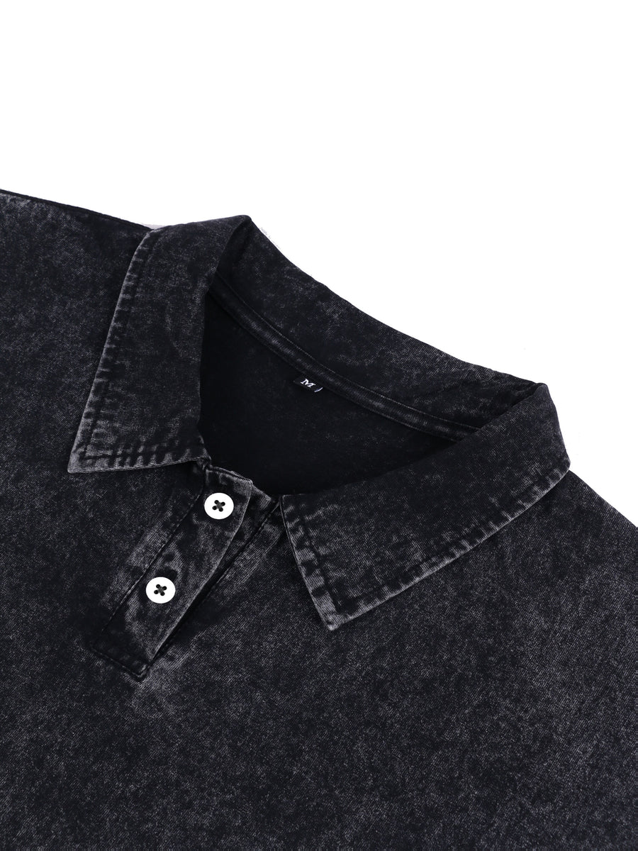 240G Heavyweight Combed Pure Men'S POLO Shirt Easy Retro Washed Loose Lapel Short Sleeve Skin-Friendly Temperament Autumn Summer Daily Commute Casual Top - Black