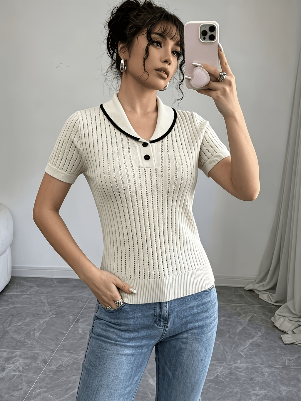 Women'S Summer Clothing Short Sleeve Solid Color Sweater, Lapel Hollow Out Design, Slim Fit Style Pullover, Spring Summer Season - Off-white