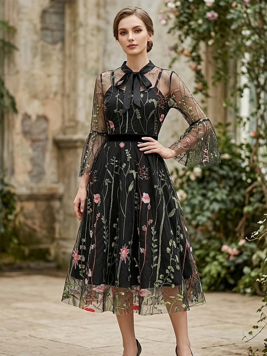 Vintage Mesh Embroidered Patchwork Mid-Sleeve Gothic Dark Evening Gown, for Gatherings, Parties, Dress, Evening Dress, Gown - Black