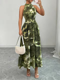 Women's Elegant Floral Turtleneck Smocked Waist A-Line Dress - Tailored Cinched Waist Suitable for Bridesmaid Dresses, Wedding Guest Dresses, Daily Commute Attire, Machine Washable Long-Length Dress - Green
