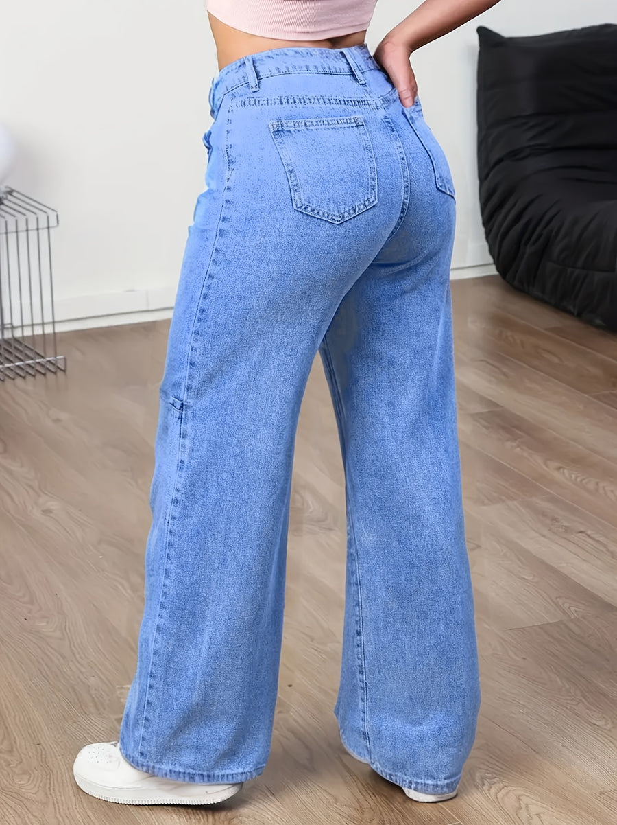 Women'S New Trendy Patchwork Multi-Pocket Wide-Leg Casual Denim Long Pants - Medium Blue