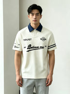 Double Stripe Sleeve Polo Shirt, Retro American English Slogan Print Color-Block Lapel Trendy Men'S Casual T-Shirt - Mixed colors