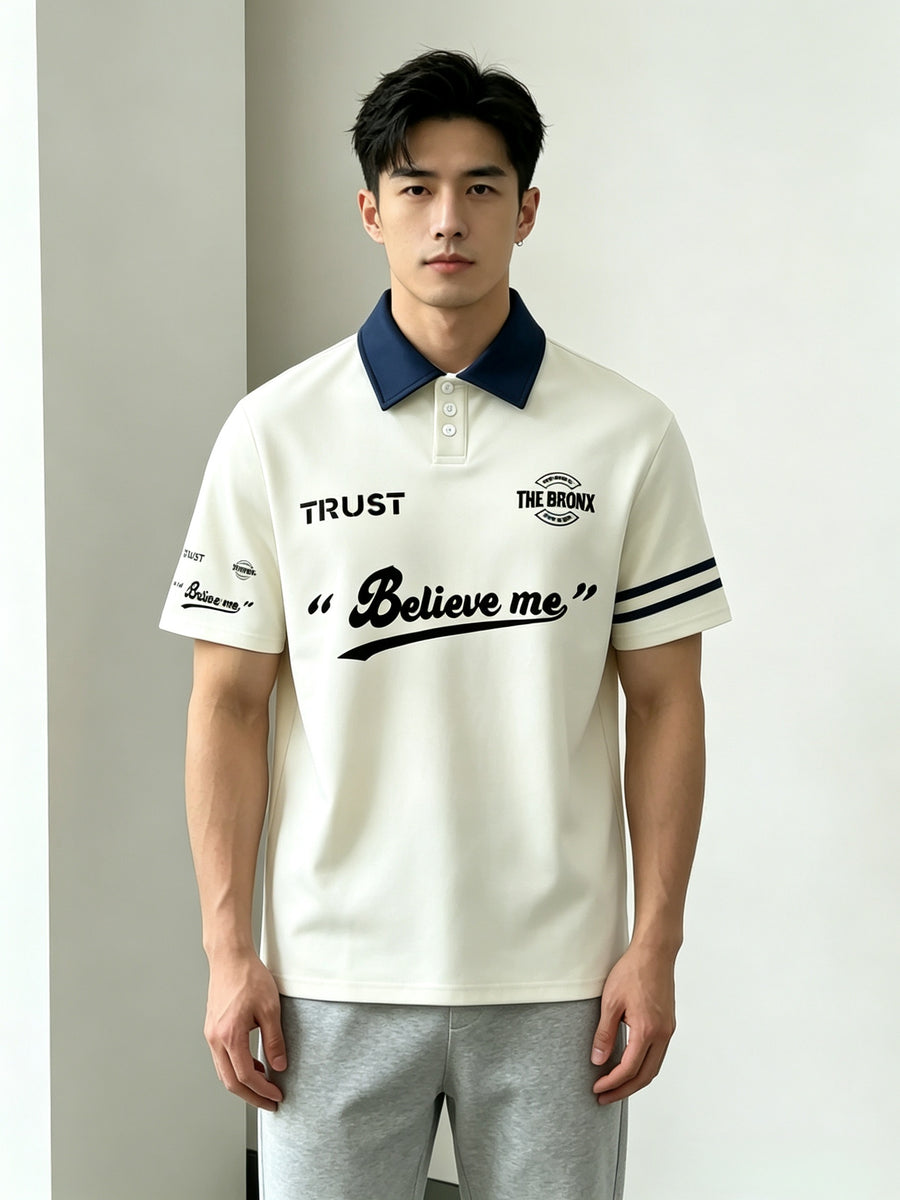 Double Stripe Sleeve Polo Shirt, Retro American English Slogan Print Color-Block Lapel Trendy Men'S Casual T-Shirt - Mixed colors