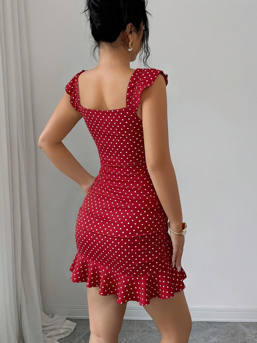 Women'S Vintage Ruffled Hem Fitted A-Line Dress, Elegant Sexy French Waist-Cinching Tight Summer Dress - Red