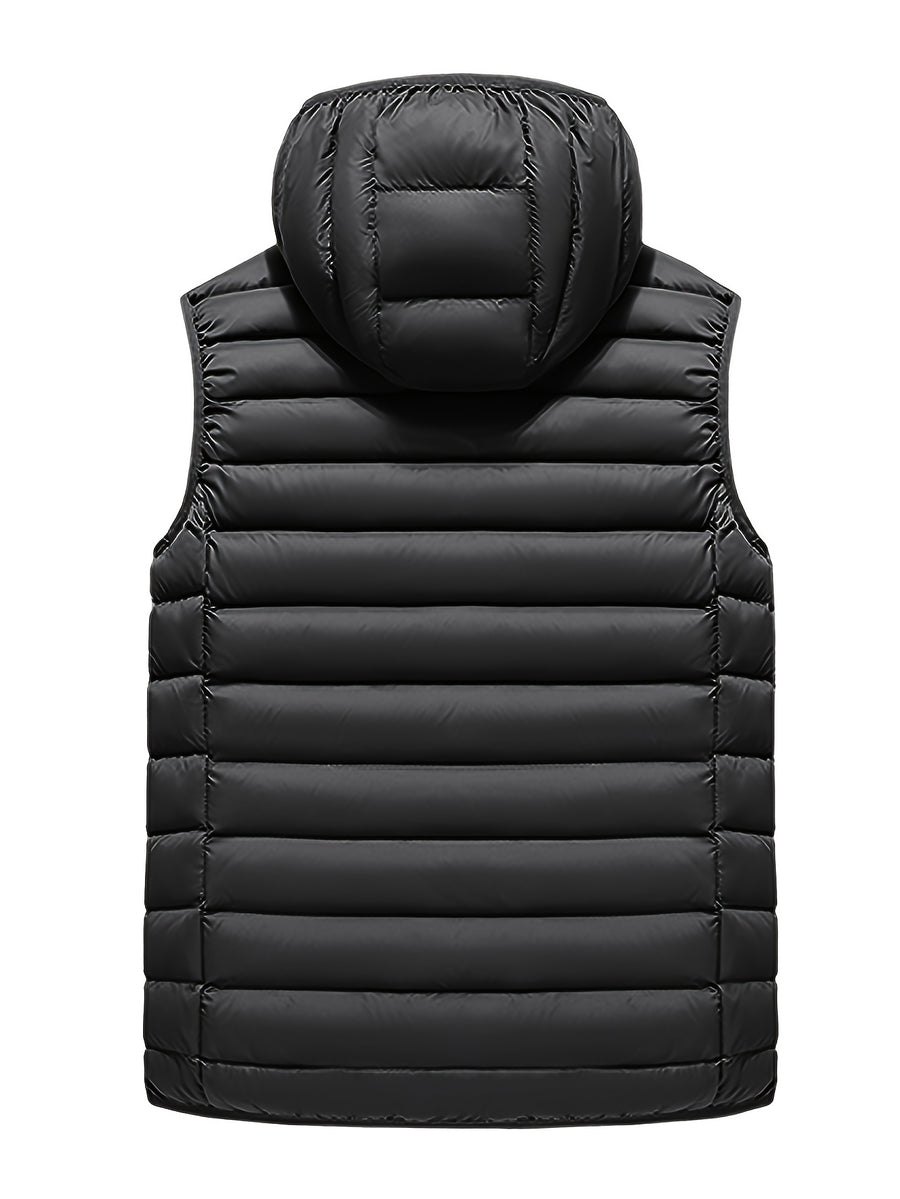 Men'S Slim-Fit Hooded Vest - Lightweight Non-Stretch Jacket, Front Zipper Closure, Side Pockets - Cold Weather Outerwear for Everyday & Formal Events - Fall/Winter, Winter Clothing, Sleek Design, Durable Construction, Stylish Outerwear, Urban Style - Black