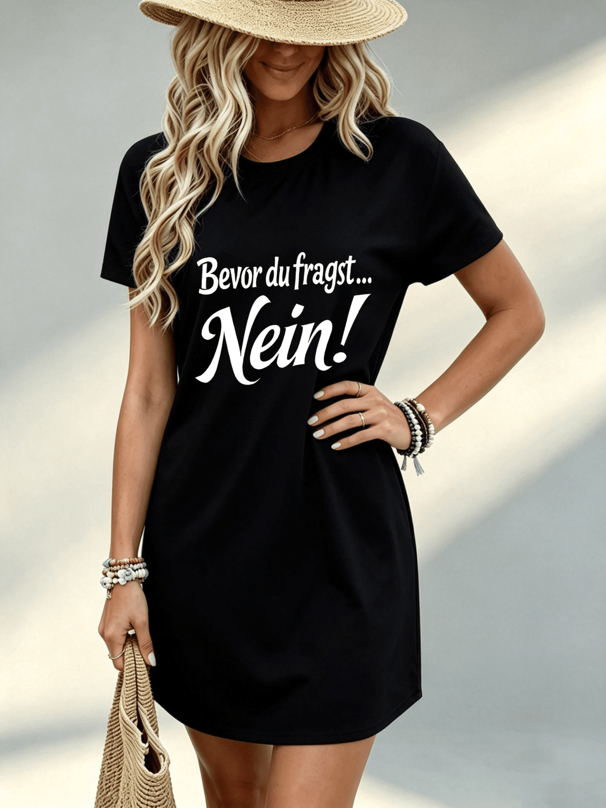 [Printed Design - Not Textured] Casual Women Dress, German Slogan Print, Beach Vacation, Gift for Friend, 100% Polyester - Black