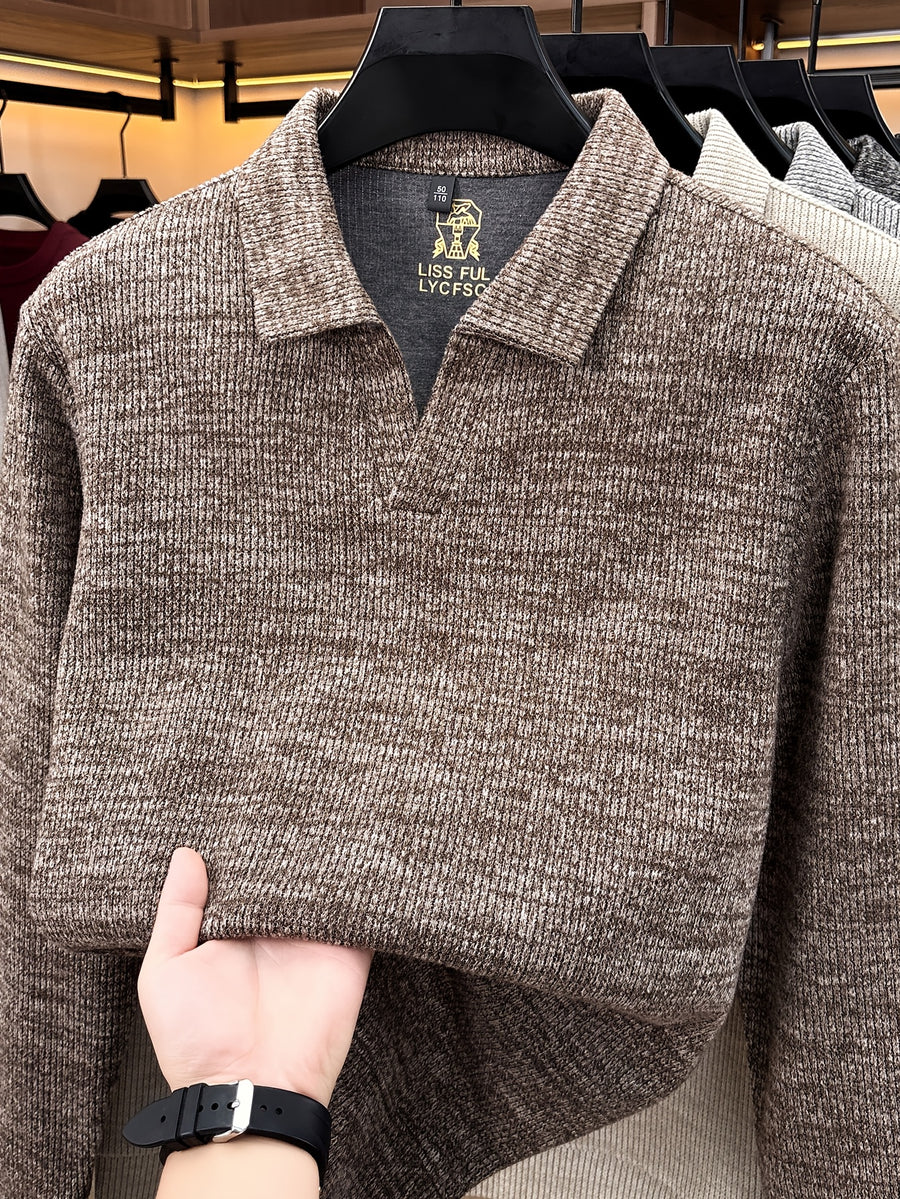 Autumn New Style Long Sleeve Polo Shirt Lapel No Button V-Neck Design Vertical Stripes Ribbed Knit Thick Long Sleeve Solid Color Basic Fit Outdoor Casual Commuter Men'S Clothing Quality Casual Top Business Office - Coffee Color