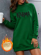 Easy KARMA Letter Print Mock Neck Long Sleeve Fleece Sweatshirt Women'S Fall Winter Casual Sweatshirt Dress - Green