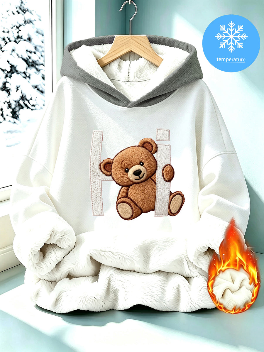 Women's Faux Embroidery Print Thick-Lined Loose Hooded Sweatshirt with 3D Plush Hi Bear Print, Contrast Color Hood Top, Autumn/Winter Warm Pullover, Lazy Style Aesthetic Casual Shirt - White Gray