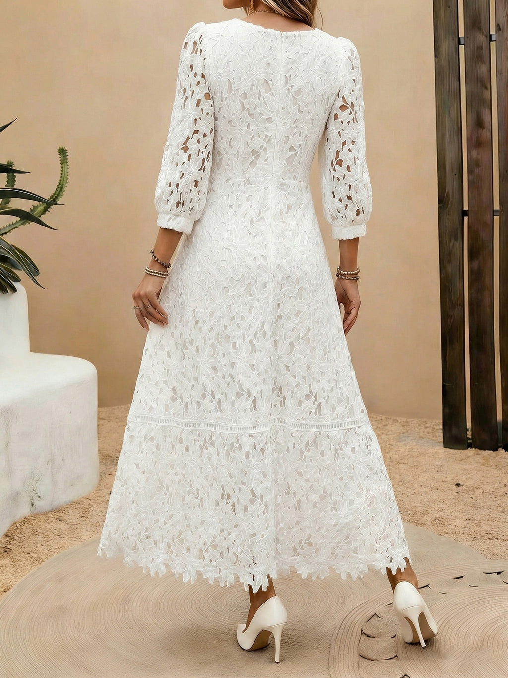 Heavy-Handcrafted French Lace Maxi Dress, Stylish Square Neck with Exquisite Cutout Lace, Elegant And, Ideal for Daily Commute And Dates NIANNIAN Women'S Wear - White