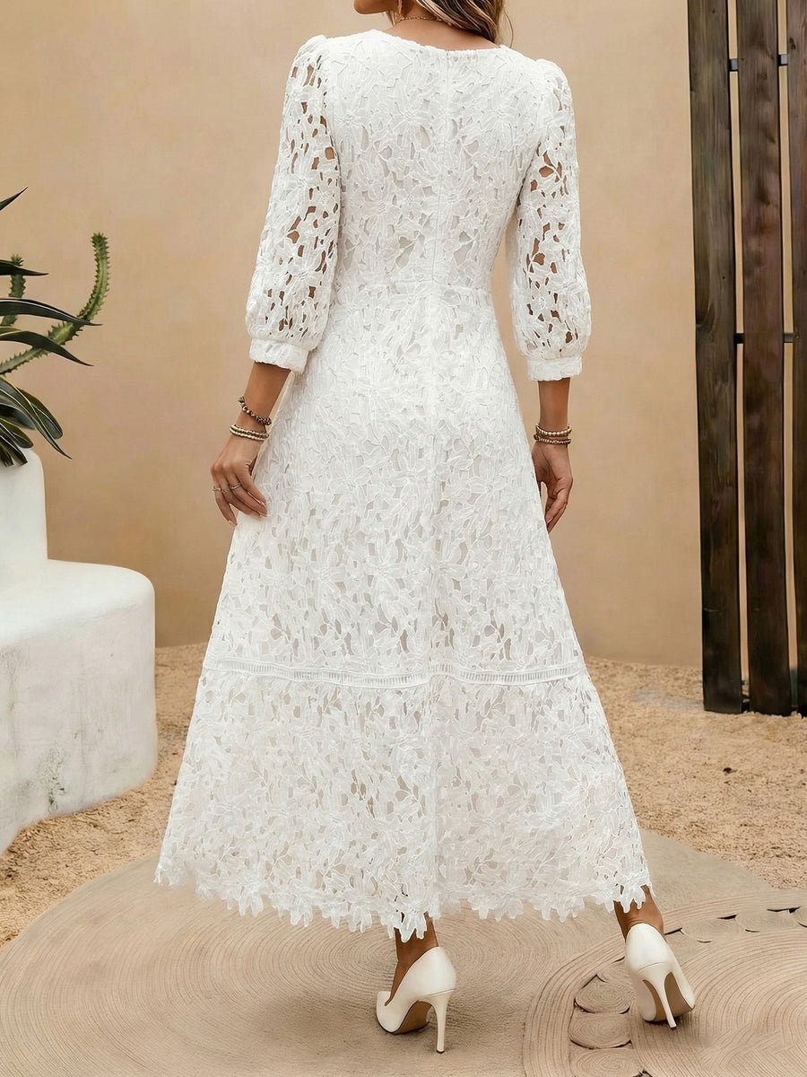 Heavy-Handcrafted French Lace Maxi Dress, Stylish Square Neck with Exquisite Cutout Lace, Elegant And, Ideal for Daily Commute And Dates NIANNIAN Women'S Wear - White