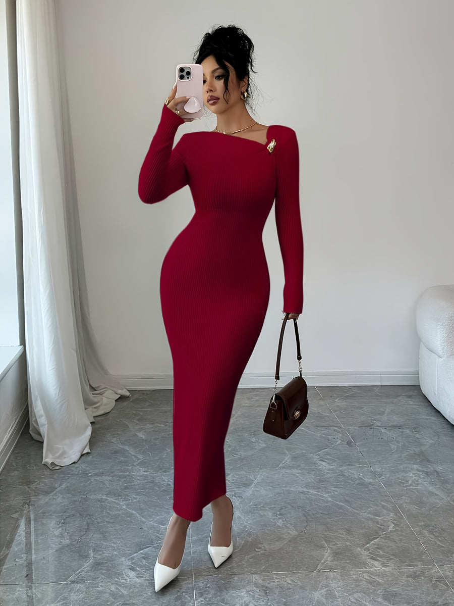 Elenzga Women'S Solid Color Long Sleeve Asymmetric Collar Bodycon Midi Dress | Elegant, Metal Decoration, Suitable For Spring/Summer/Fall - Red