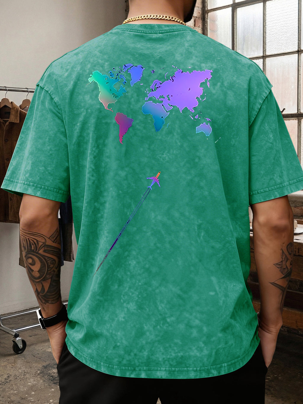 Men's Heavyweight T-Shirt Washed Distressed Gradient World Map Airplane Fashion Print Vintage Heavy Cotton Streetwear High Street Style Summer Casual Versatile Gym Fitness Daily Commute Tee 2026 Urban Fashion - Green