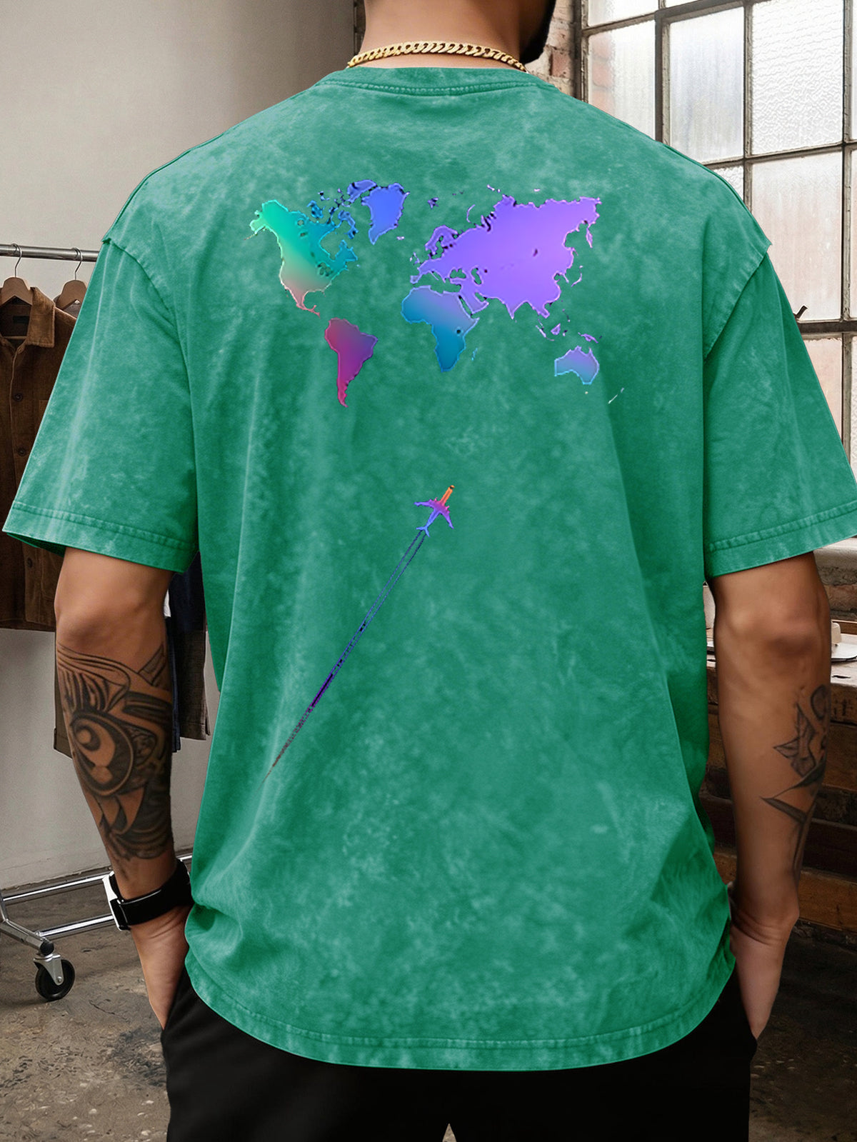 Men's Heavyweight T-Shirt Washed Distressed Gradient World Map Airplane Fashion Print Vintage Heavy Cotton Streetwear High Street Style Summer Casual Versatile Gym Fitness Daily Commute Tee 2026 Urban Fashion - Green