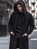 Men's Casual Sport Sweater, Knit Cardigan, Long Hooded Knit Cardigan. The Hooded Design Adds a Casual and Effortless Style, While the Long Length Flatters the Figure. This Simple yet Stylish Piece Is Perfect for Autumn and Winter, Offering Warmth - Black