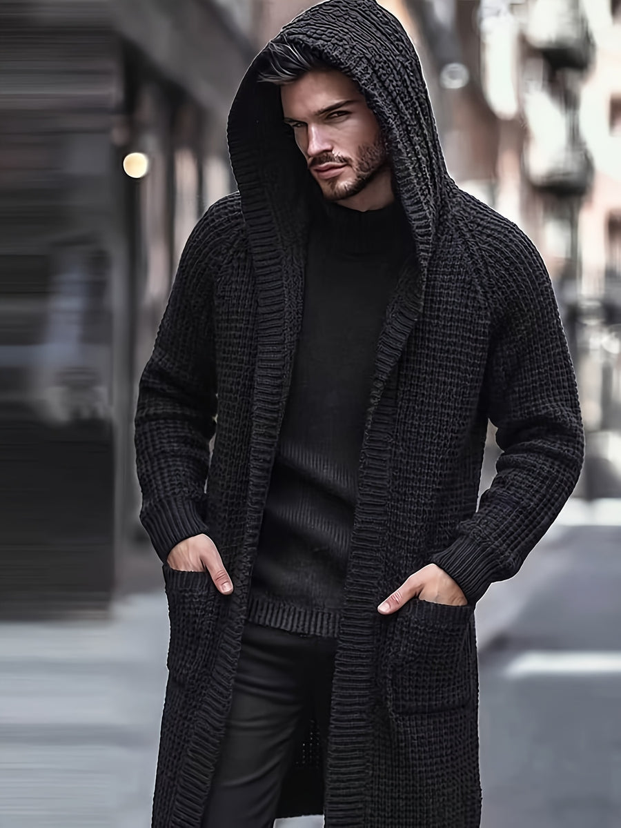 Men's Casual Sport Sweater, Knit Cardigan, Long Hooded Knit Cardigan. The Hooded Design Adds a Casual and Effortless Style, While the Long Length Flatters the Figure. This Simple yet Stylish Piece Is Perfect for Autumn and Winter, Offering Warmth - Black