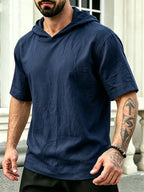 Summer Solid Color Hooded Short Sleeve T-Shirt, Men'S Loose All-Match Athletic Top - Navy Color