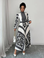Elegant Long-Sleeve Dress with Lantern Sleeves, Featuring a Floral Print And Pleated Design, Perfect for Daily Commuting And Romantic Dates in The Autumn And Winter Fashion Collection - Mixed colors