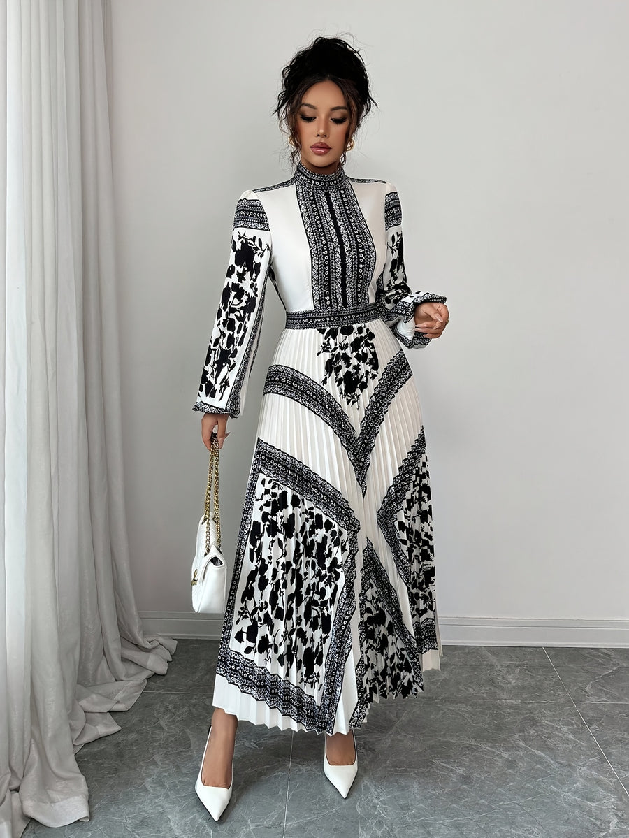 Elegant Long-Sleeve Dress with Lantern Sleeves, Featuring a Floral Print And Pleated Design, Perfect for Daily Commuting And Romantic Dates in The Autumn And Winter Fashion Collection - Mixed colors