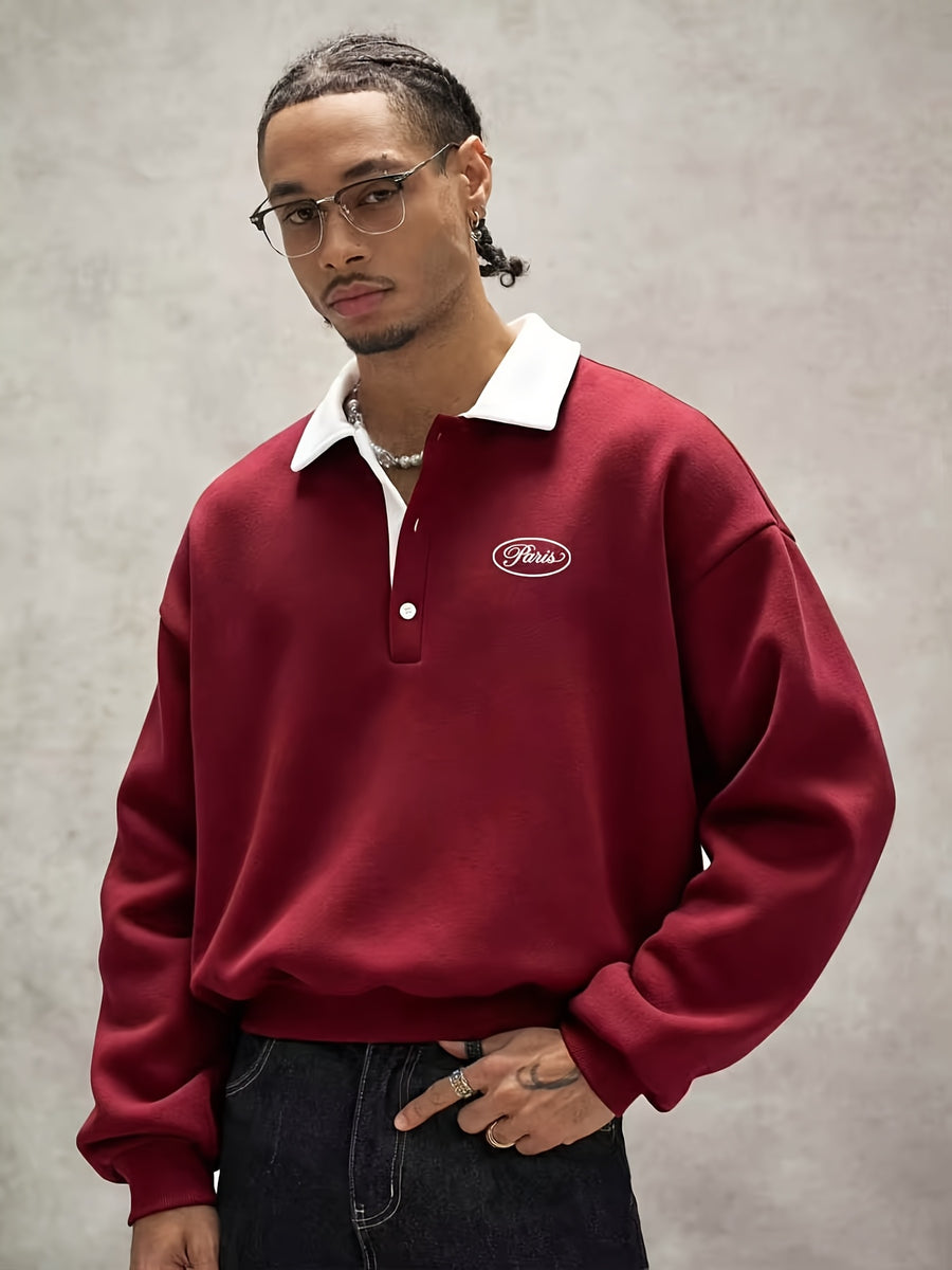 Men's Loose Fit Polo Collar Sweatshirt, Contrast Color White Collar Henley Pullover, Paris Letter Print Long Sleeve Casual Streetwear Top - Burgundy