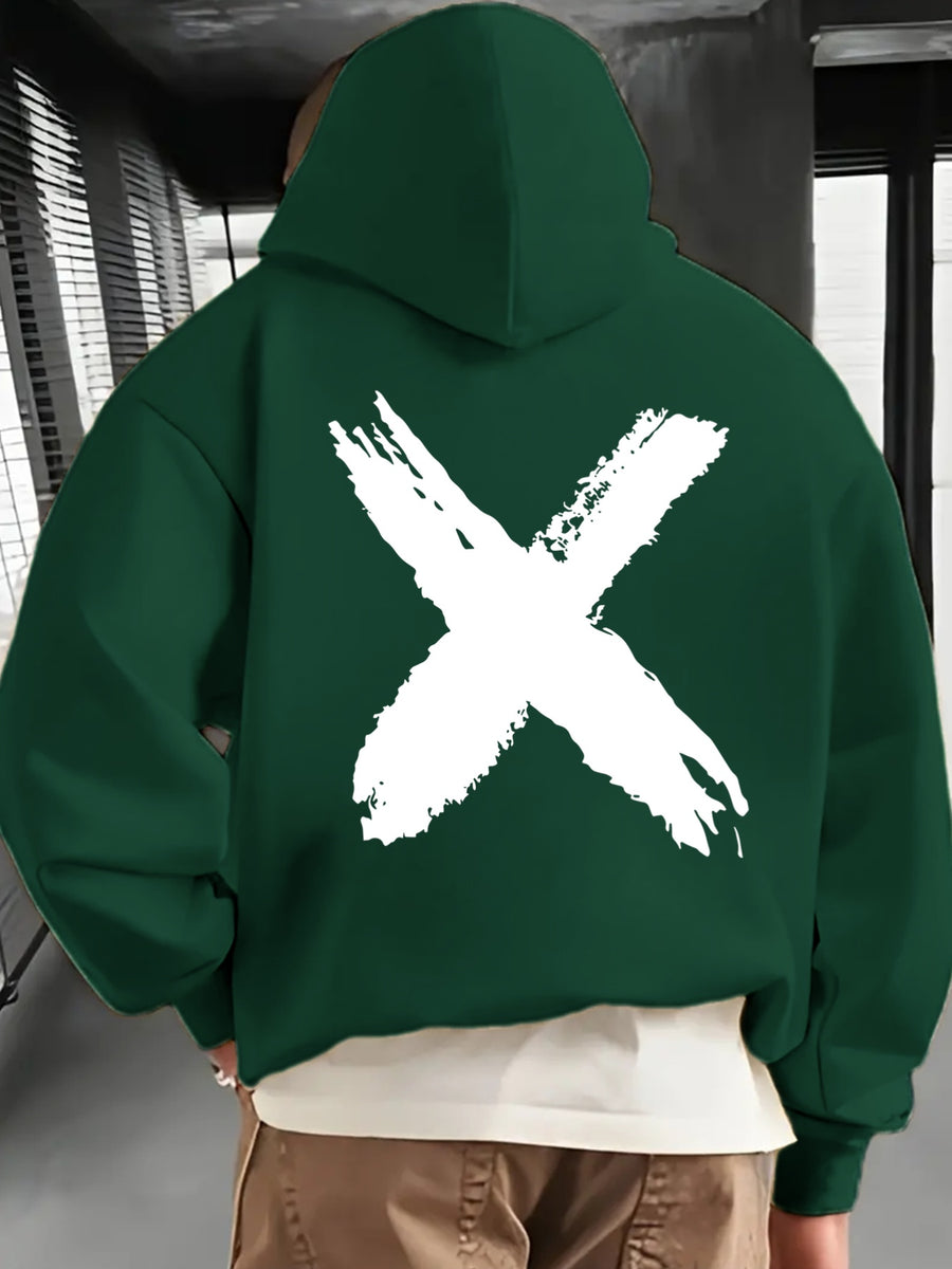 Men's Fashionable Hoodie, Loose-fit Casual Top with "X" Letter Print, Long-sleeve Sweatshirt Featuring a Kangaroo Pocket, Made of Casual Polyester Knit Fabric, Machine Washable, Suitable for Outdoor Casual Wear - Dark Green