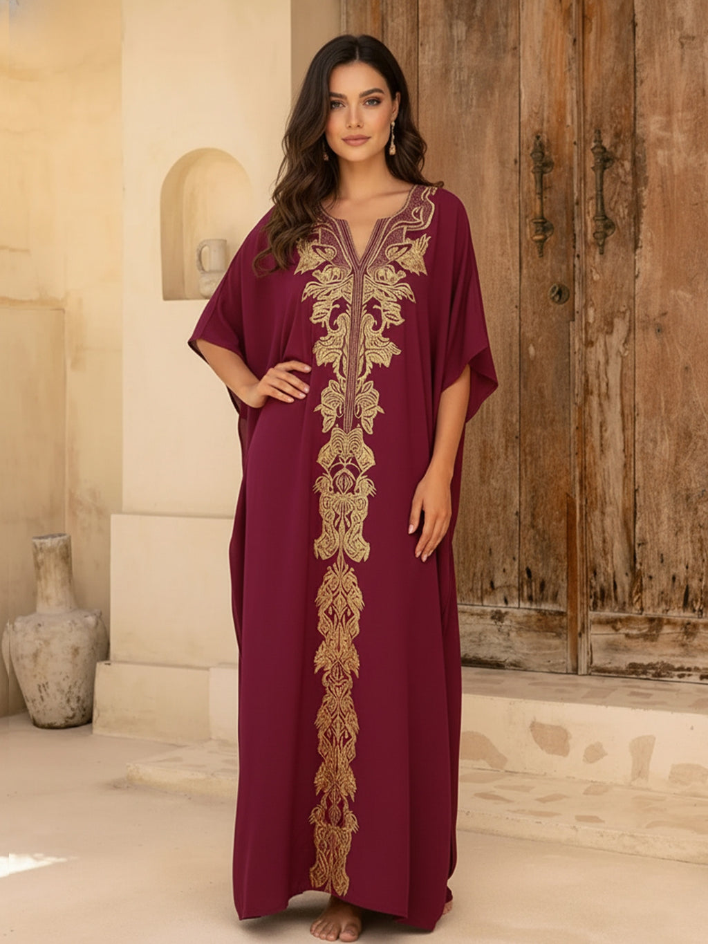 Luxury Golden Embroidered Maxi Dress Women's Loose Fit Burgundy Sexy V-Neck Flowy Robe Beach Vavation Cover Up Q1808 - Red