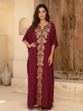 Luxury Golden Embroidered Maxi Dress Women's Loose Fit Burgundy Sexy V-Neck Flowy Robe Beach Vavation Cover Up Q1808 - Red