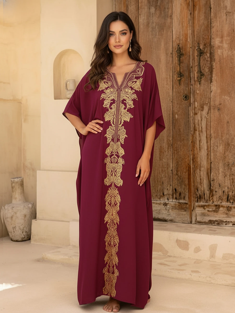 Luxury Golden Embroidered Maxi Dress Women's Loose Fit Burgundy Sexy V-Neck Flowy Robe Beach Vavation Cover Up Q1808 - Red