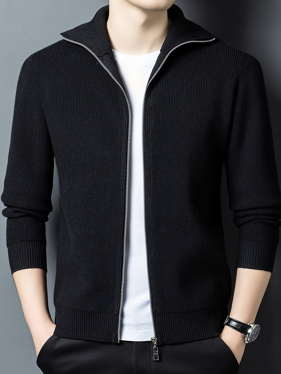Lapel Full-Zip Knit Cardigan Jacket, Versatile And Practical - SINBOS - Black