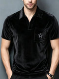 Light Luxury European Style Men'S Velvet Polo Short Sleeve T-Shirt, 3D Star Print with Pocket, Slim Fit Summer Top, Black Soft Velvet Casual Tee - Black