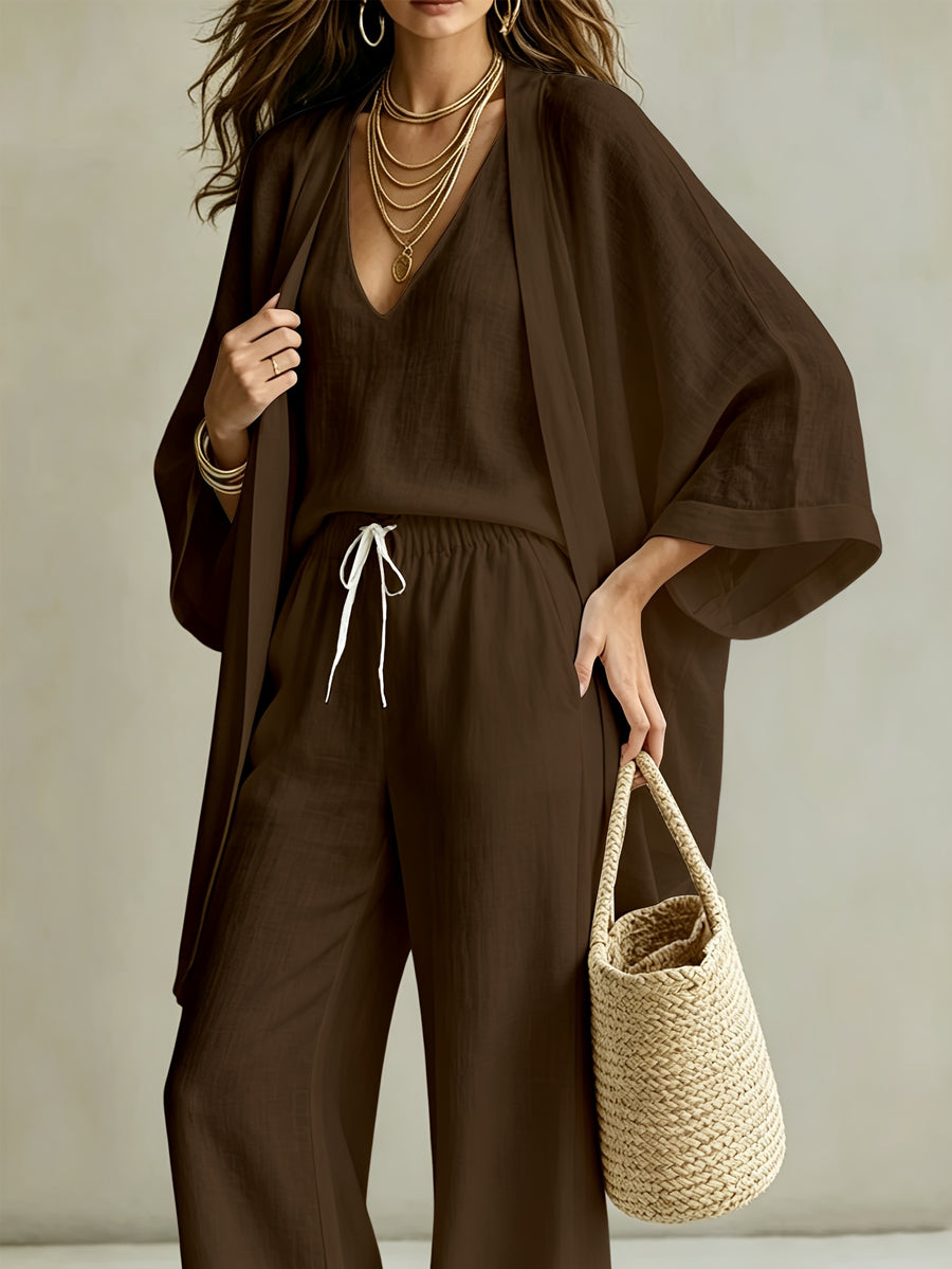 3pcs Set, Women's Spring/summer Vacation-style Loose Spaghetti Strap Tank Top with Cardigan and Loose Wide-leg Pants Casual Set, Elegant and Fashionable, Comfortable and Casual, Suitable for Commuting Wear - Coffee Color