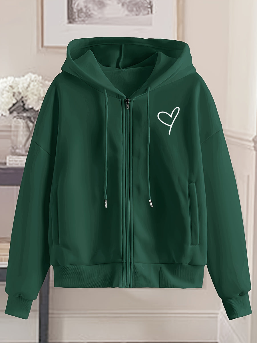 Love Print Hooded Zip-Up Sweatshirt Women'S Loose Casual Basic Cardigan Jacket - Dark Green