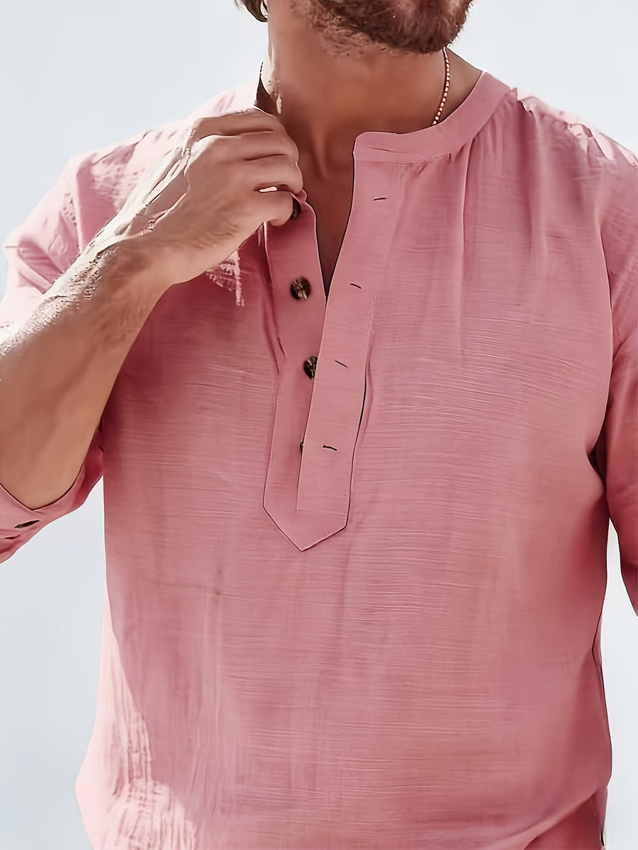Men'S Fashion Polo Neck Linen Breathable Comfortable Casual All-Season Long Sleeve Shirt, Spring And Summer, Regular Fit, Polo Collar, Daily, Button - Pink Color