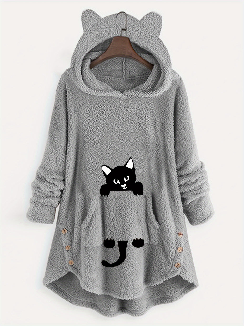 Fuzzy Cat Ear Hoodie, Loose Oversized Front Pocket Hooded Sweater, Loungewear & Casual Tops For Winter, Women's Clothing - Light Grey
