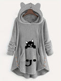 Fuzzy Cat Ear Hoodie, Loose Oversized Front Pocket Hooded Sweater, Loungewear & Casual Tops For Winter, Women's Clothing - Light Grey