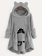 Fuzzy Cat Ear Hoodie, Loose Oversized Front Pocket Hooded Sweater, Loungewear & Casual Tops For Winter, Women's Clothing - Light Grey