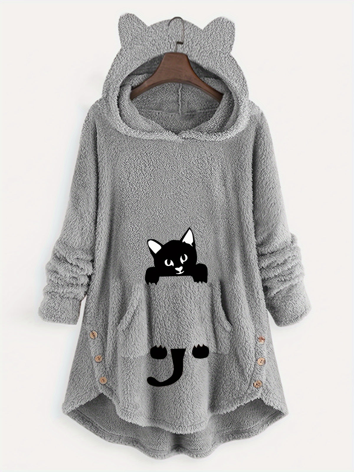 Fuzzy Cat Ear Hoodie, Loose Oversized Front Pocket Hooded Sweater, Loungewear & Casual Tops For Winter, Women's Clothing - Light Grey