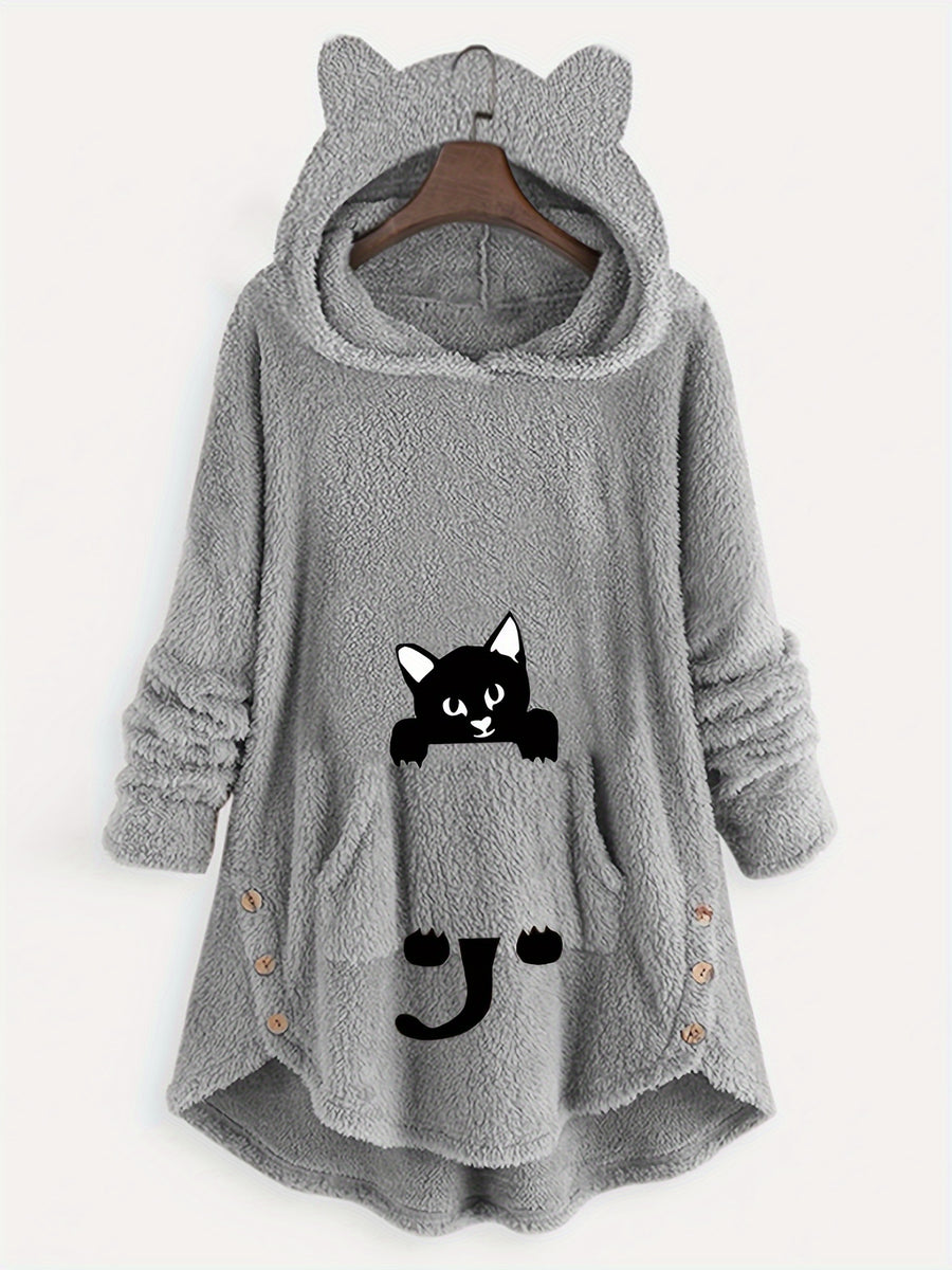 Fuzzy Cat Ear Hoodie, Loose Oversized Front Pocket Hooded Sweater, Loungewear & Casual Tops For Winter, Women's Clothing - Light Grey