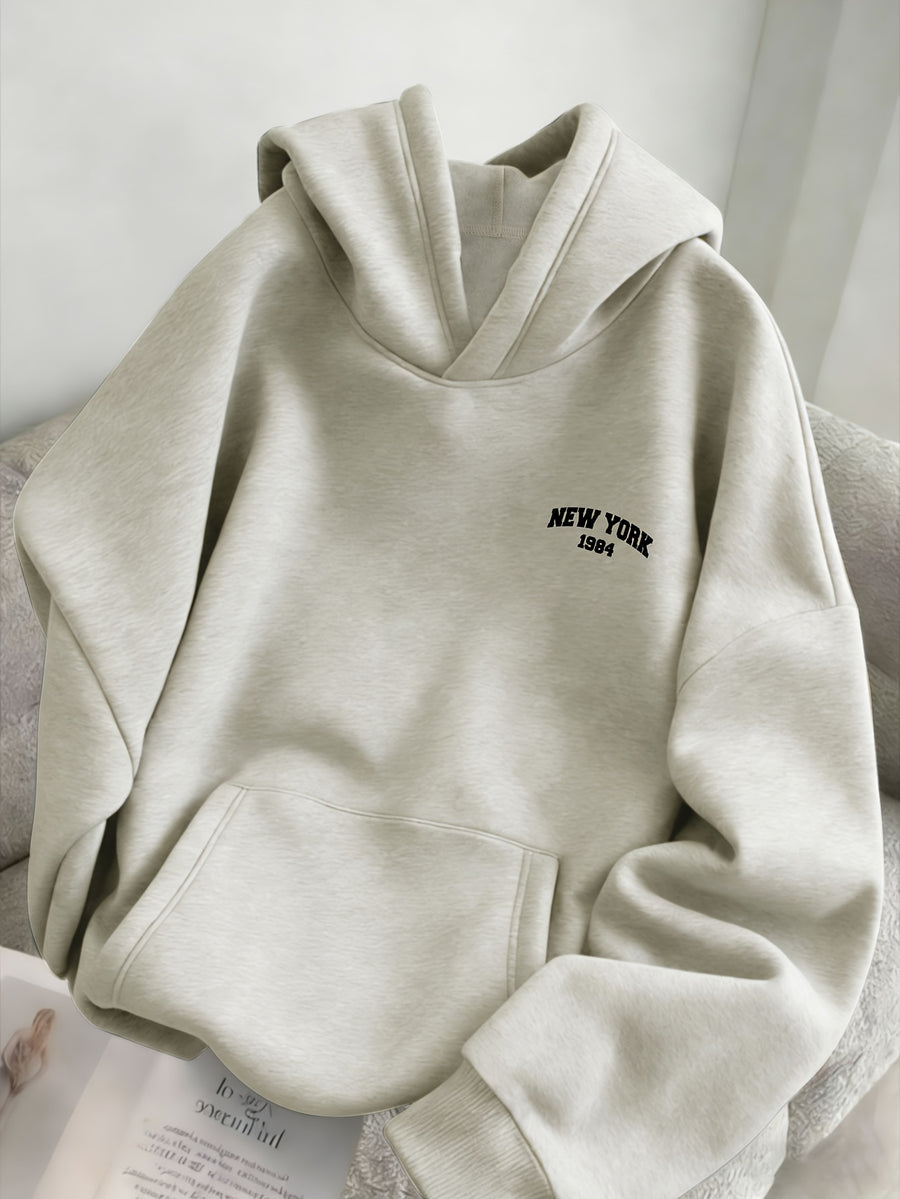 1pc Fashionable Women'S Spring Autumn Fleece Oversized Hooded Sweatshirt - Korean Niche Easy Age-Reducing Versatile Casual Trendy Preppy Style Letter Pattern Printed Top - White Flower Grey