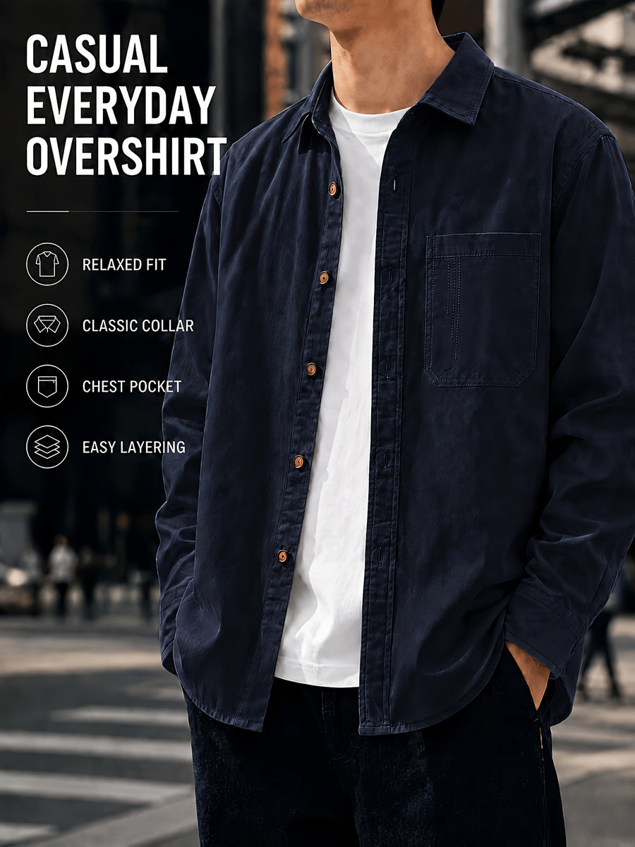 Men's Spring/Autumn Casual Long-Sleeve Shirt Jacket, Made with Skin-friendly Fabric That Is Comfortable and Breathable. Features a Classic Lapel Collar for a Neat and Structured Look, with a Chest Patch Pocket That Combines Storage with a Premium - Deep Blue