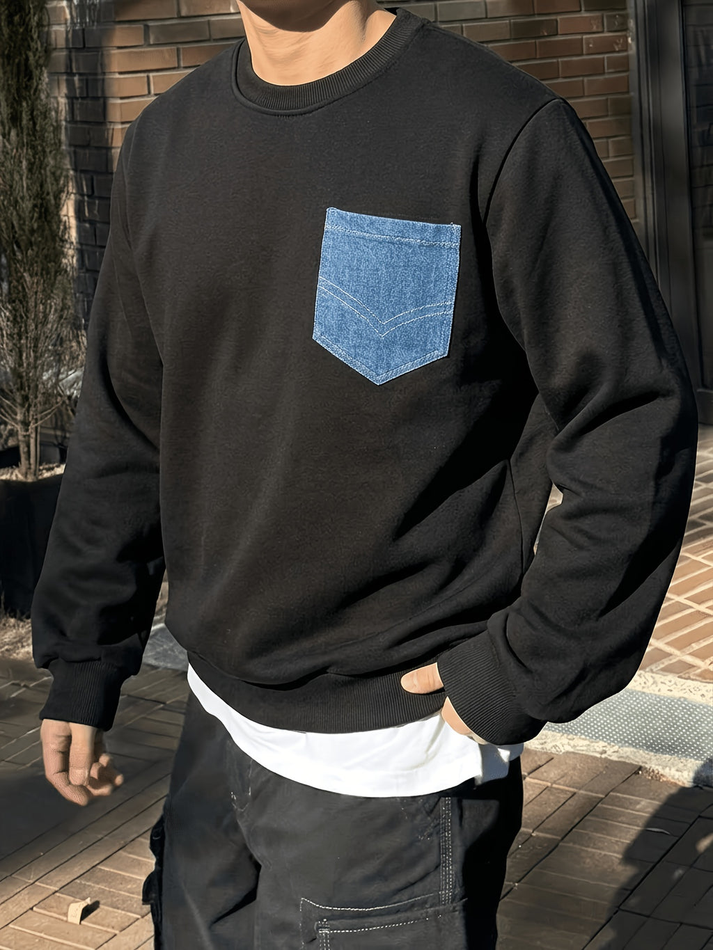 Black Crew Neck Sweatshirt with Faux Denim Patch Pockets, Perfect for Casual Everyday Wear - Black