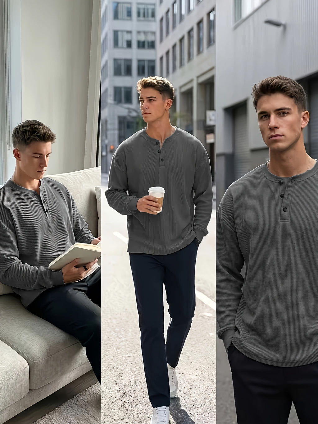 Men'S Casual Outdoor Fashion Versatile Solid Color Long Sleeve Henley Shirt - Casual Leisure - Outdoor Streetwear - Essential for Home And Travel - Light Grey