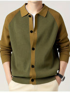 New High-Quality Lapel Button Knit Cardigan, Loose Fit, Fashionable Casual Color-Block Men's Wear, Stylish and Handsome Wool-Blend Warm Top, Autumn/Winter Men's Sweater Jacket K523 - Green