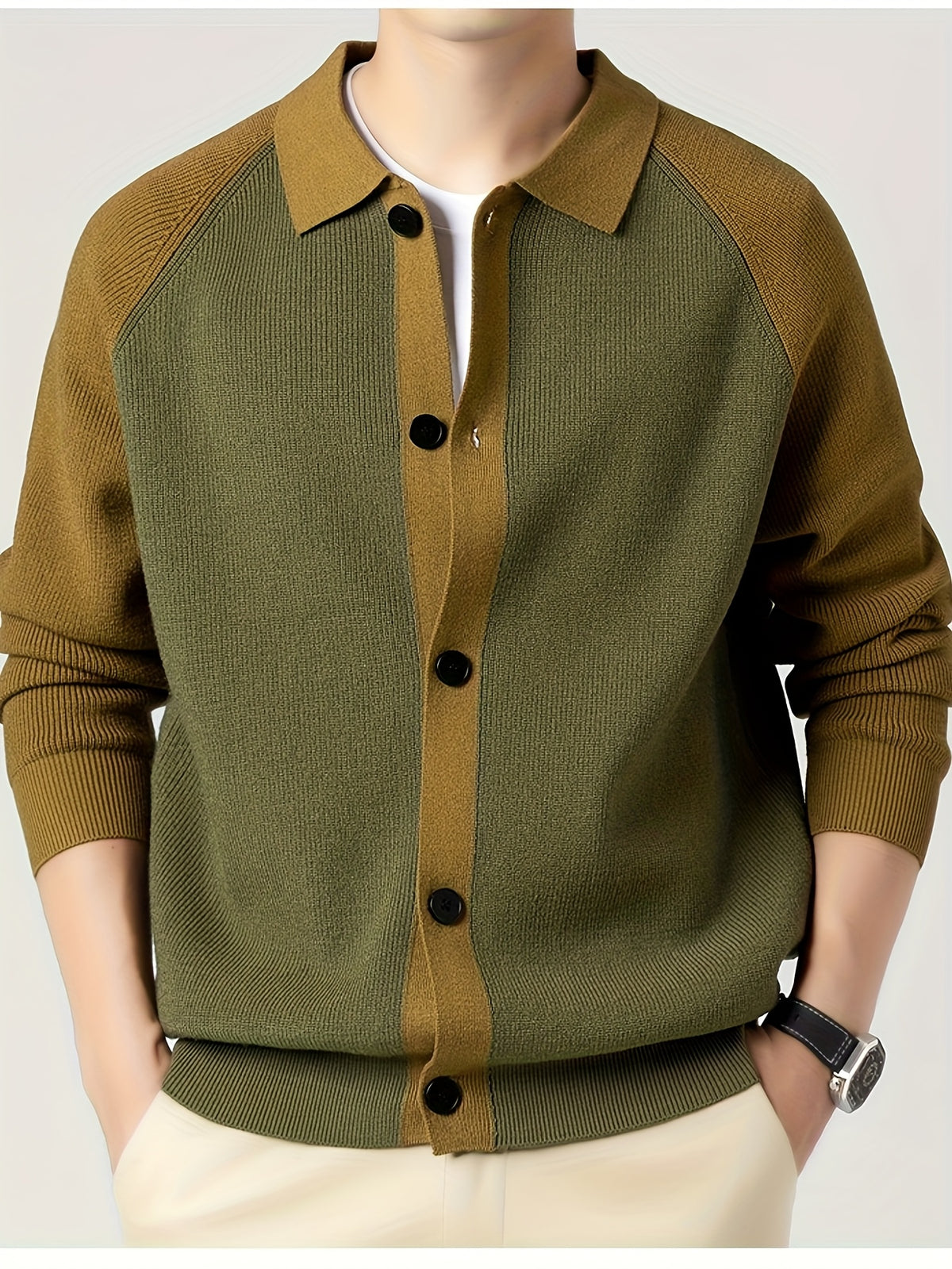 New High-Quality Lapel Button Knit Cardigan, Loose Fit, Fashionable Casual Color-Block Men's Wear, Stylish and Handsome Wool-Blend Warm Top, Autumn/Winter Men's Sweater Jacket K523 - Green
