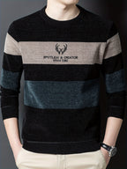 New Winter Striped Men'S Round-Neck Sweater, Fleece-Lined for Comfort, Stylish And Casual, Warm Pullover Knit Top, Thick Winter Men'S Clothing - Sea Blue