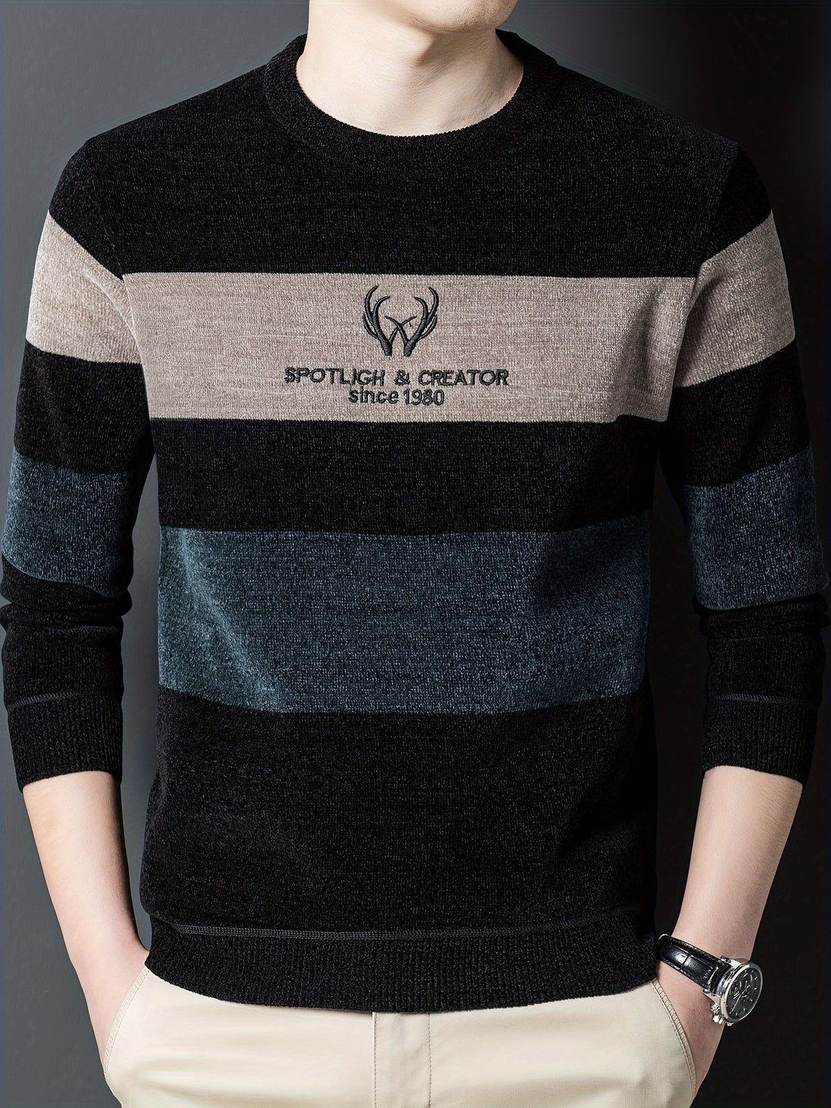 New Winter Striped Men'S Round-Neck Sweater, Fleece-Lined for Comfort, Stylish And Casual, Warm Pullover Knit Top, Thick Winter Men'S Clothing - Sea Blue