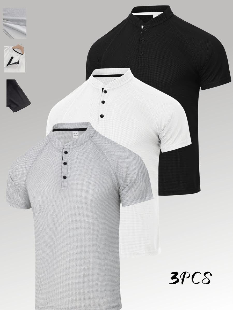 3-Pc Value Men'S Henley Shirt Short Sleeve Waffle Knit Breathable Stand Collar Polo Shirt Raglan Slim Fit Summer Sports Commute Versatile Top - Light Gray+white+black